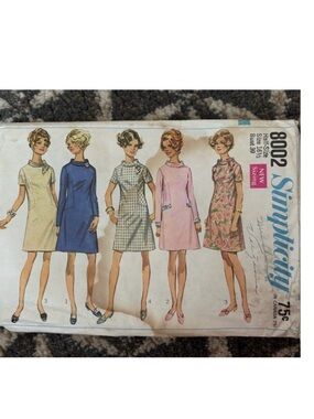 60's Simplicity Pattern 8002 Misses' Mini Dress - Size 16 1/2 - Bust 39 - Sewing